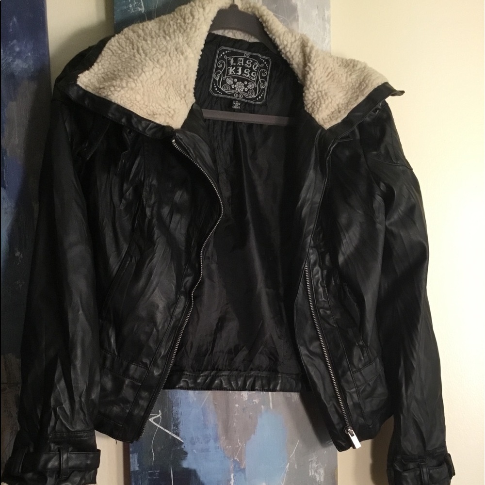 Black faux leather jacket.